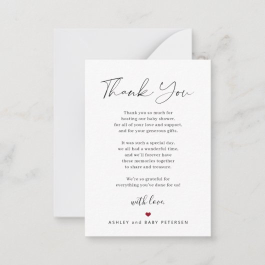 予算ベビーシャワー感謝していスクリプト ノートカード (正面)
