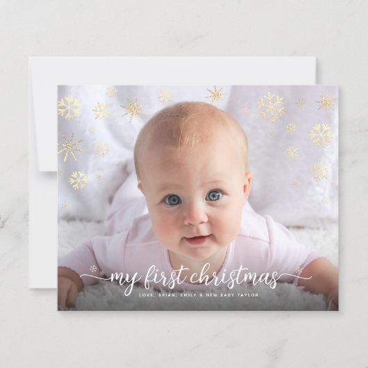 予算ベビーフォト初めてのクリスマススノーフレークスカード (正面)