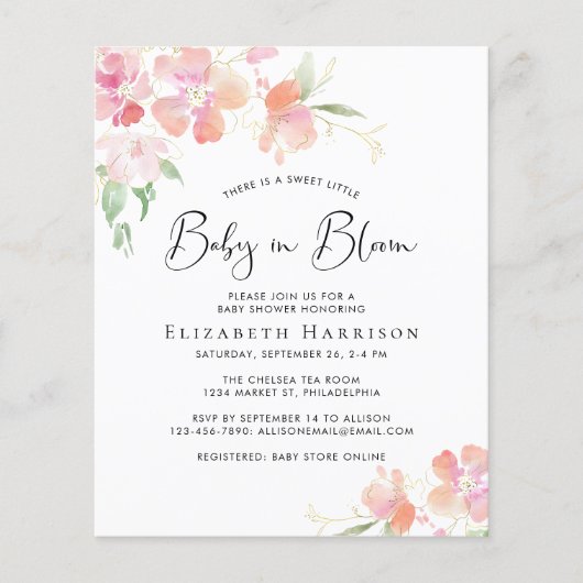 予算ベビー開花フローラシャワー招待状 (正面)
