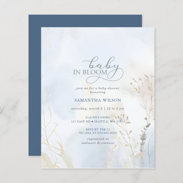 予算ベビー開花ブルーフローラボーイベビーシャワー (正面/裏面)