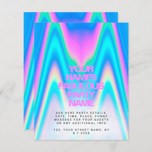 予算ホログラフィック虹色Y2Kパーティの招待状 (正面/裏面)