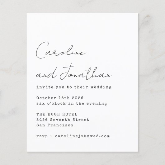 予算ホワイトタイプライタースクリプトウェディング招待 (正面)