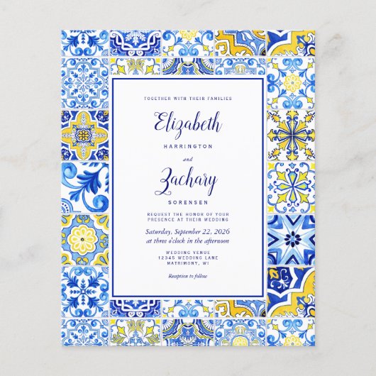 予算ポルトガル語タイルブルーイエローウェディング招待 (正面)