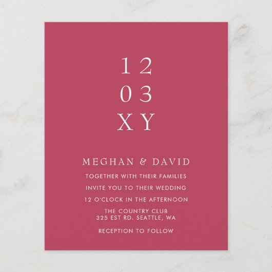 予算マゼンタモダン結婚式招待状 (正面)