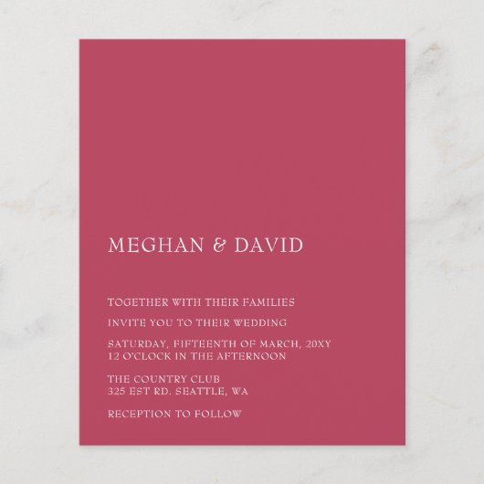予算マゼンタモダン結婚式招待状 (正面)
