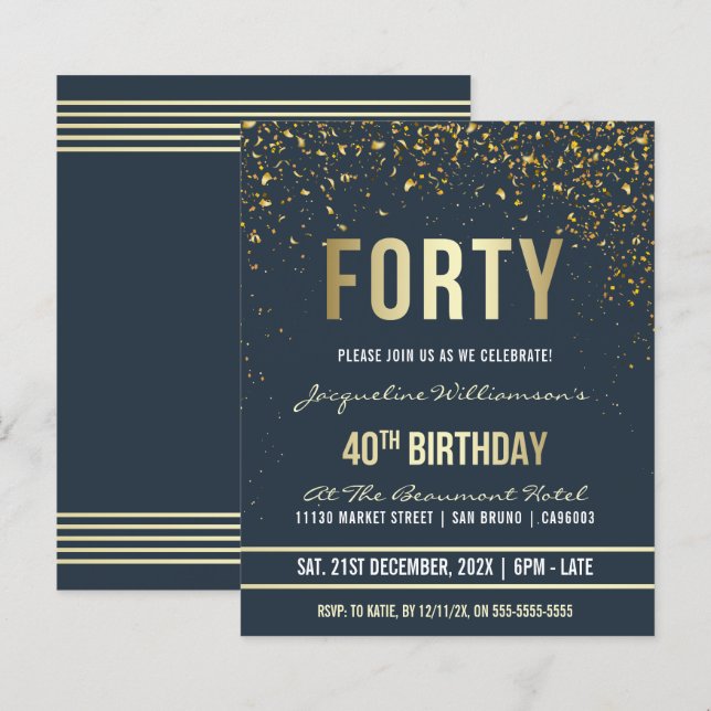 予算ミッドナイト金ゴールド紙吹雪40th誕生日パーティー (正面/裏面)