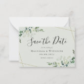 予算ミニサイズユーカリ結婚式の日付を保存 ノートカード (正面)