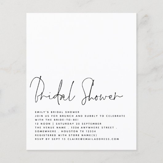 予算ミニマリストスクリプトブライダルシャワー招待状 (正面)