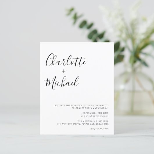 予算ミニマリストスクリプト結婚式招待状 (スタンド正面)