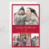 予算ミニマリスト赤金ゴールド4写真クリスマスカード (正面/裏面)