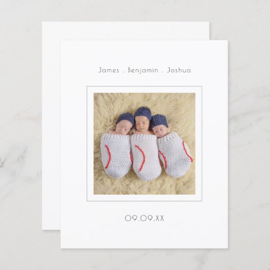 予算ミニマルなトリプレット写真誕生のお知らせ (正面/裏面)