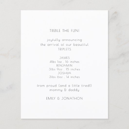 予算ミニマルなトリプレット写真誕生のお知らせ (裏面)