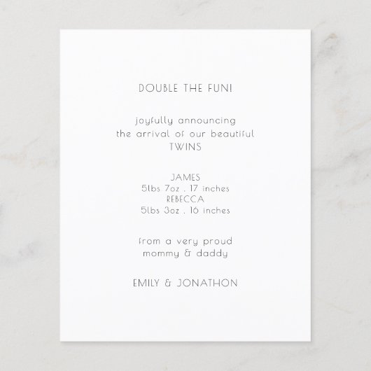 予算ミニマルな双子の写真誕生のお知らせ (裏面)