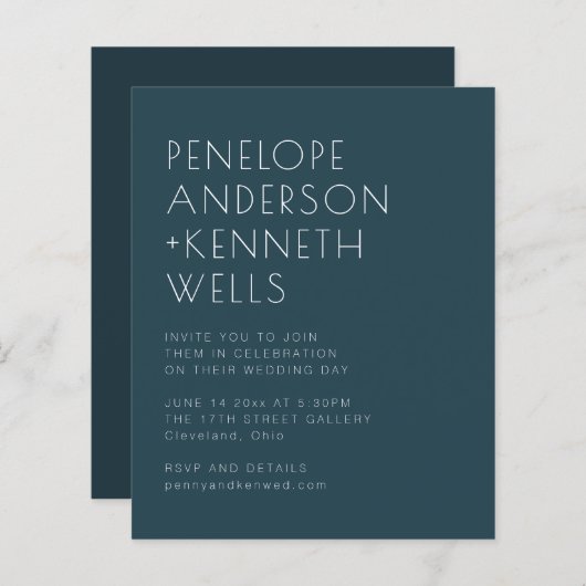 予算ミニマルエレガントリストダークティール(緑がかった色)結婚式の招待 (正面/裏面)