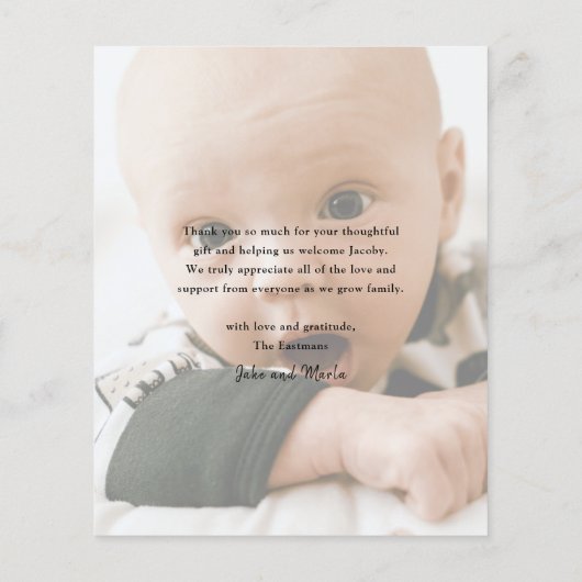予算ミニマルスクリプト写真ベビーサンキューカード (裏面)