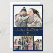 予算ミニマル海軍金ゴールド4写真クリスマスカード (正面/裏面)