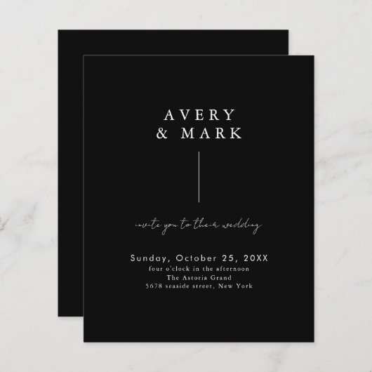 予算ミニマル白黒シンプル結婚式の招待 (正面/裏面)