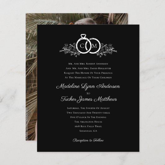 予算ミニマル白黒結婚式招待状 (正面/裏面)