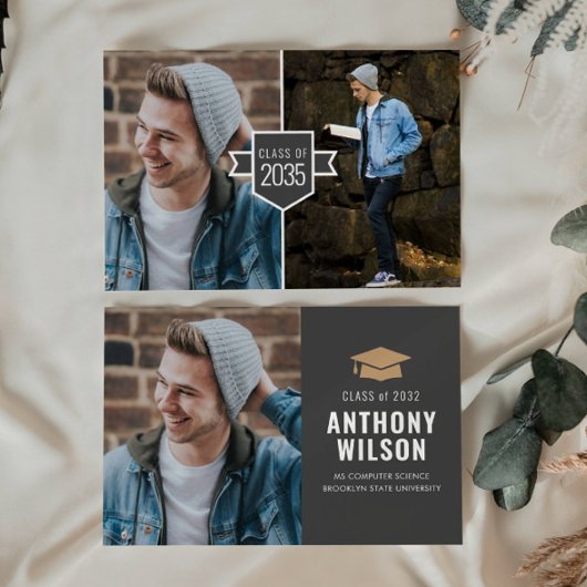 予算ミニマル金ゴールドグラッドキャップ3写真卒業 ノートカード