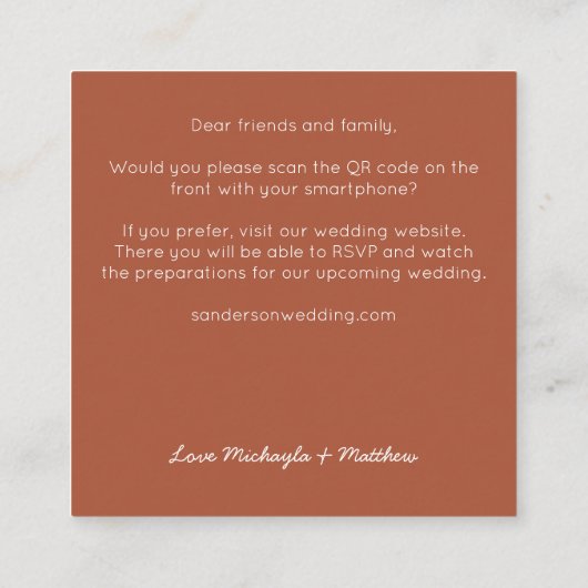 予算ミニマルQRコードテラコッタウェディング招待 スクエア名刺 (裏面)