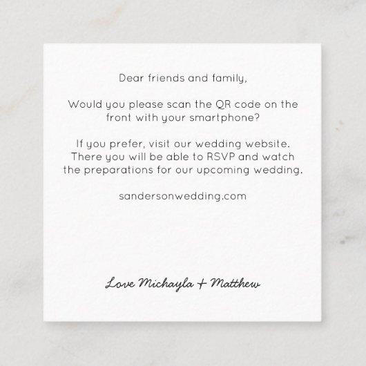 予算ミニマルQRコードホワイト結婚式招待状 スクエア名刺 (裏面)