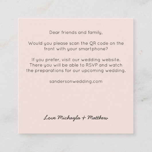 予算ミニマルQRコード赤面結婚式招待状 スクエア名刺 (裏面)