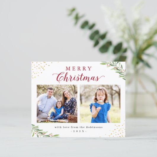 予算メリークリスマスの葉2枚のフォトカード (スタンド正面)