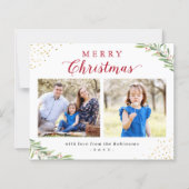 予算メリークリスマスの葉2枚のフォトカード (正面)