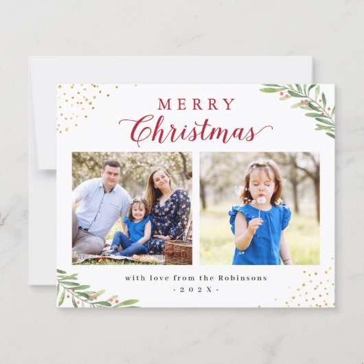 予算メリークリスマスの葉2枚のフォトカード (正面)