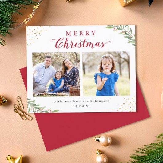 予算メリークリスマスの葉2枚のフォトカード