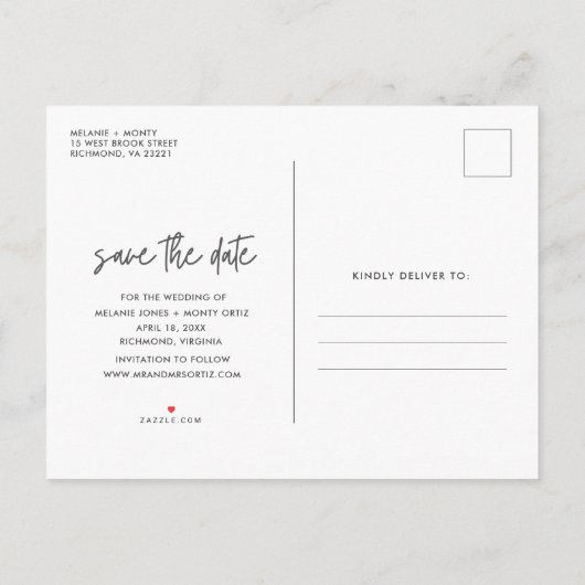 予算モダンのシンプル写真の結婚式の日付を保存 案内ポストカード (裏面)
