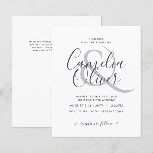 予算モダンタイポグラフィシンプル結婚式招待状 (正面/裏面)