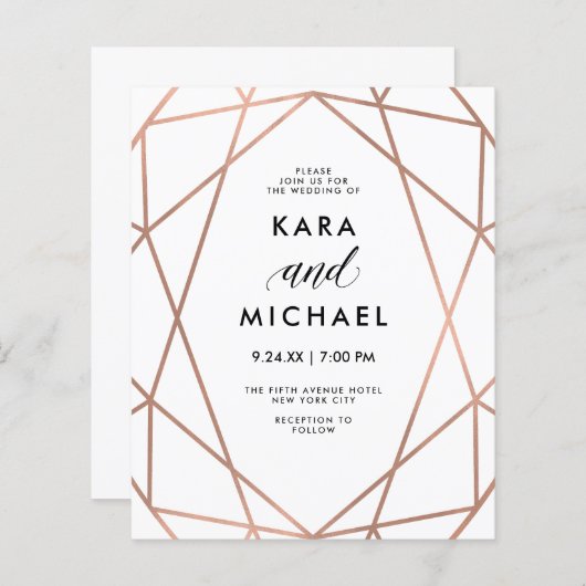 予算モダンバラフェイク金ゴールド結婚式招待状 (正面/裏面)