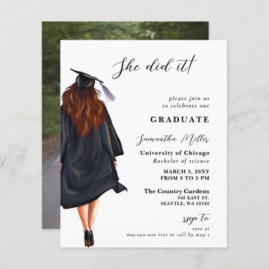 予算モダン写真彼女は卒業招待状 (正面/裏面)