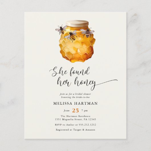 予算モダン彼女は彼女の蜂蜜ブライダルシャワーを見つけた チラシ (正面)