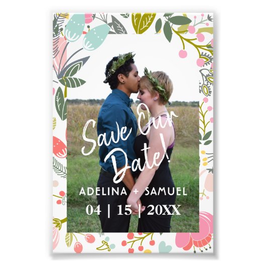 予算モダン結婚のシックなフローラ写真救日付 フォトプリント           