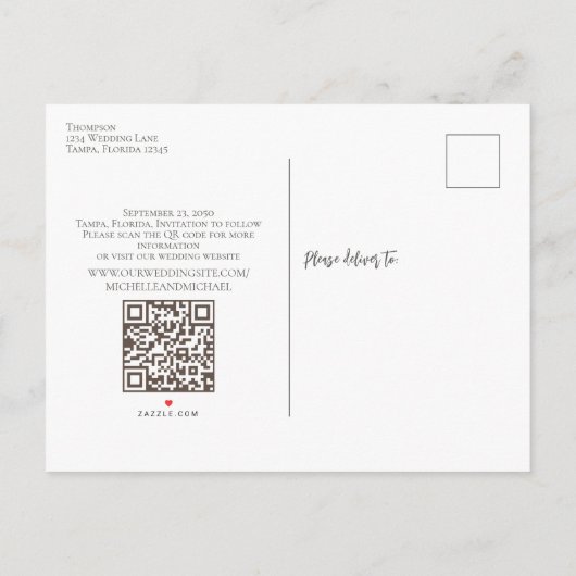 予算モダン結婚式の日付写真の保存QRコード 案内ポストカード (裏面)