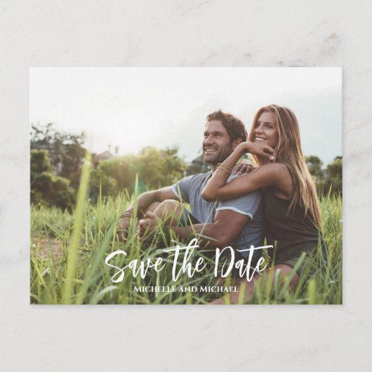 予算モダン結婚式の日付写真の保存QRコード 案内ポストカード (正面)