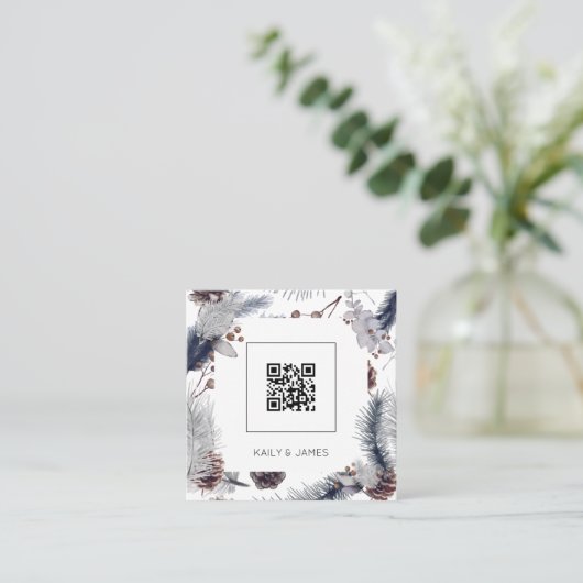 予算モダンQRコード冬の結婚式の招待状 スクエア名刺 (スタンド正面)