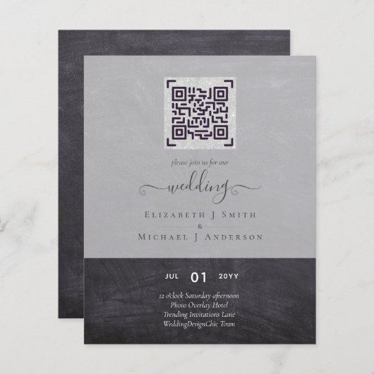 予算モダンQRスキャンコード結婚式の招待 (正面/裏面)