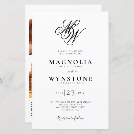 予算モノグエレガントラムQRコード結婚式招待状 (正面/裏面)