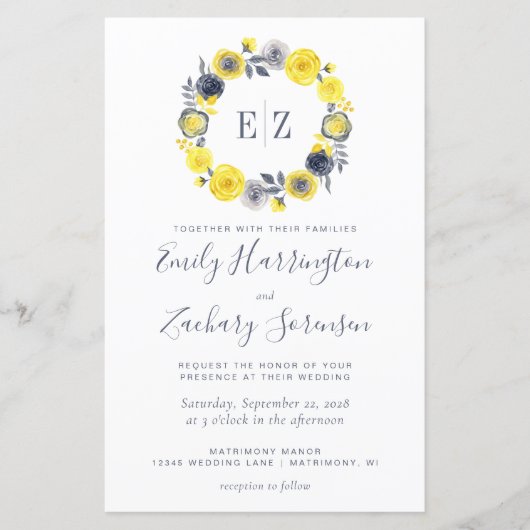 予算モノグラムイエローグレーフローラ結婚式の招待 (正面)