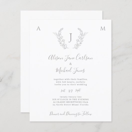 予算モノグラムエレガント葉の結婚式招待状 (正面/裏面)