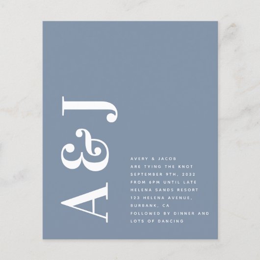 予算モノグラムブルーQRコード結婚式招待状 (正面)