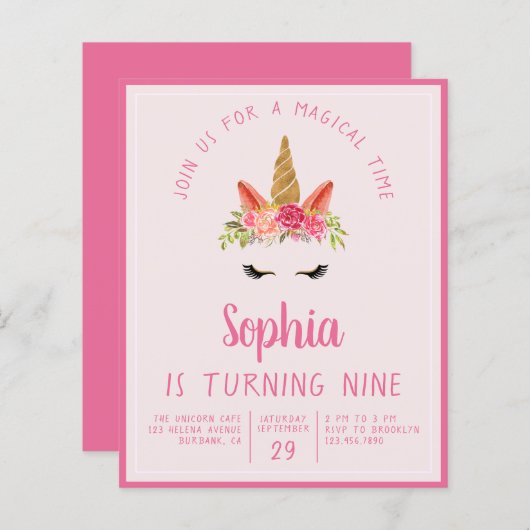 予算ユニコーンキッドの誕生日パーティーへの招待 (正面/裏面)