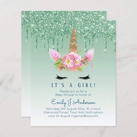 予算ユニコーン赤ちゃんシャワー緑の女の子かわいい (正面/裏面)