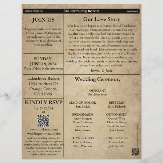 予算ユニークおもしろいニュース紙結婚式招待状 チラシ (裏面)