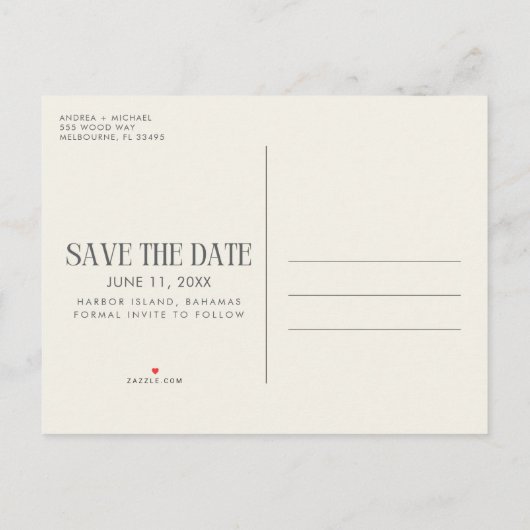 予算ユニーク写真結婚式の日付の保存 案内ポストカード (裏面)