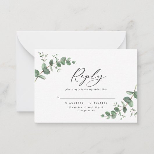 予算ユーカリプスグリーンリーウェディングRSVP返信 ノートカード (裏面)