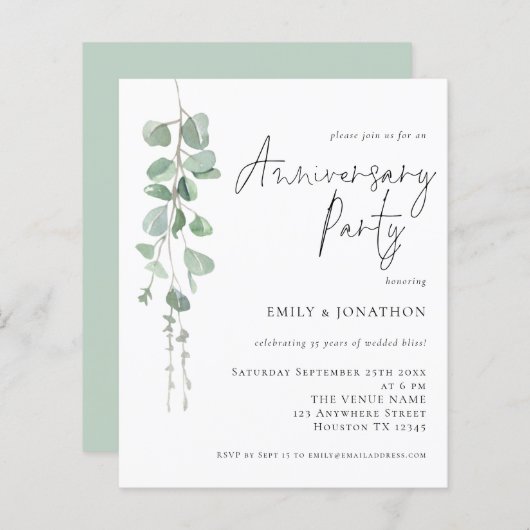 予算ユーカリプタススクリプト記念日パーティー招待状 (正面/裏面)